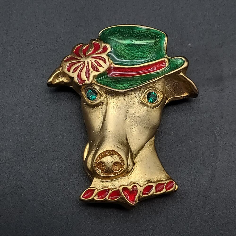 Cow in Hat Magnetic Brooch Eye Glass Holder Green Red Gold Tone Costume Jewelry